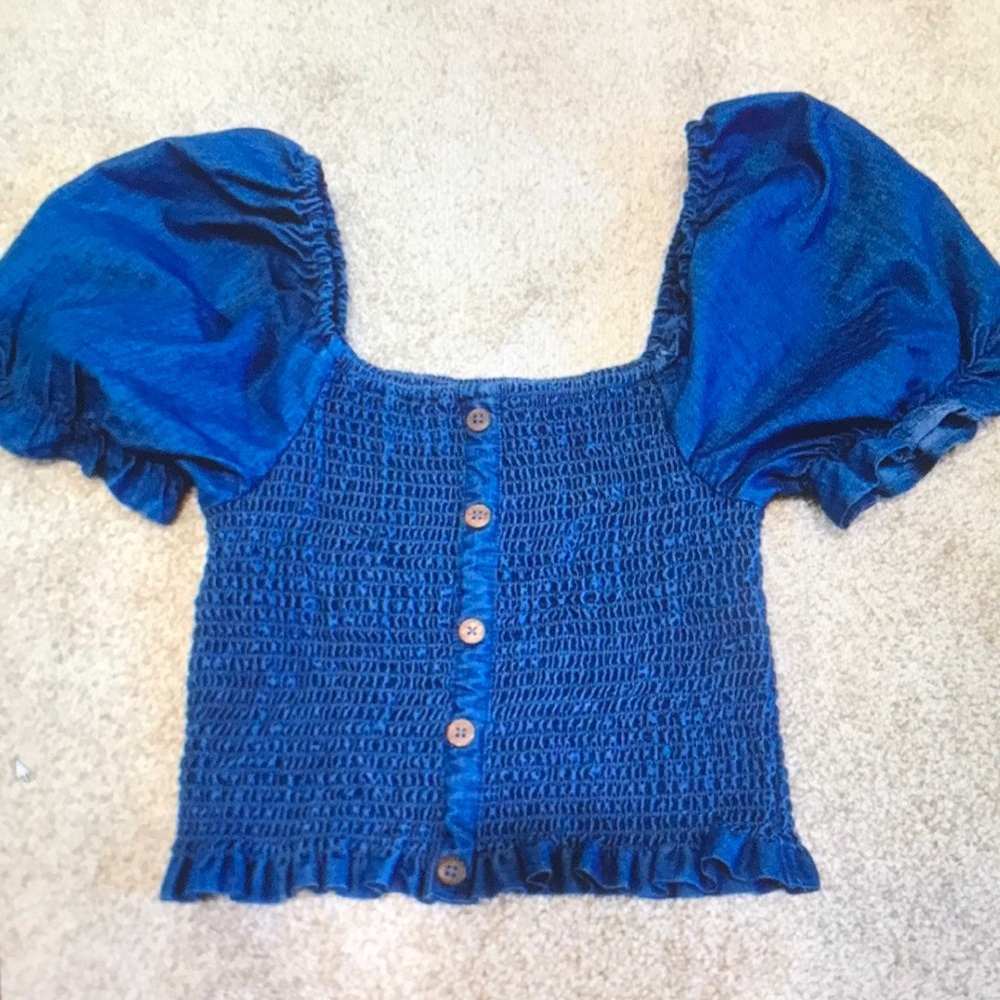 Blue Smocked Puff Sleeve Top